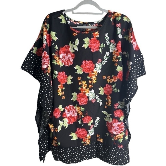 EMERY ROSE BLACK/WHITE POLKA DOT FLORAL PULLOVER TOP SIZE 1XL - Picture 1 of 3